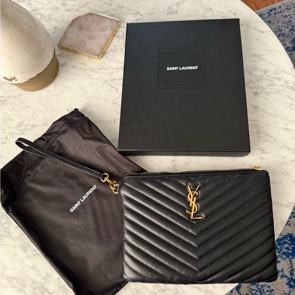 Saint Laurent Black Chevron Quilted Wristlet